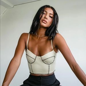 Tan Ribbed Black Stitch Cropped Top S